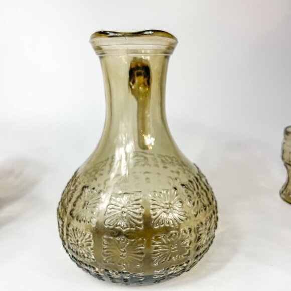 Vintage Italian Smoky Amber Glass Embossed Floral Design Pitcher 6 Tumblers Set - Picture 5 of 9